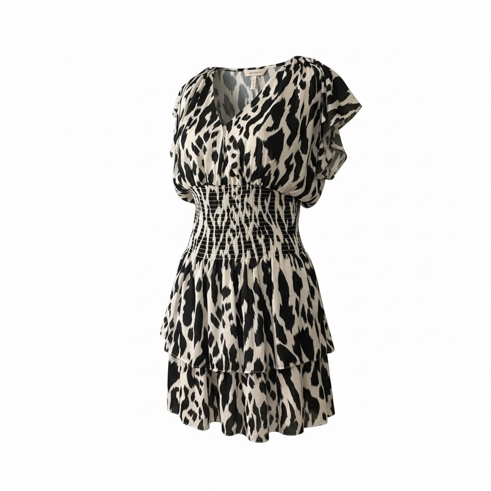 Parker NY Black & White Flutter Sleeve Tiered Smocked Mini Dress Size Large